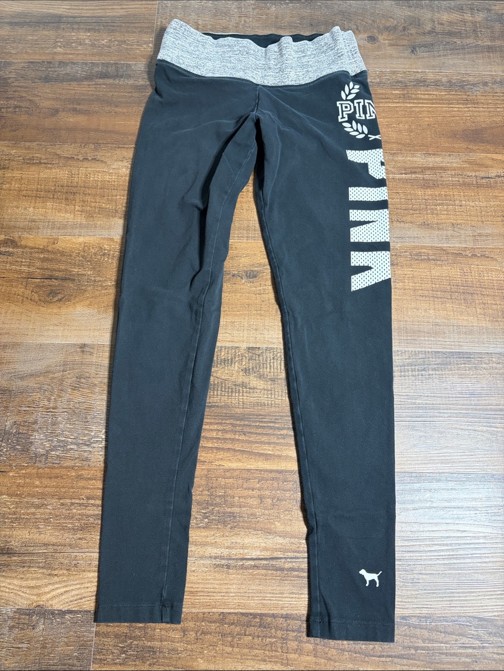 PINK Victoria's Secret Black Leggings with Heather Gray Waistband and White Logo